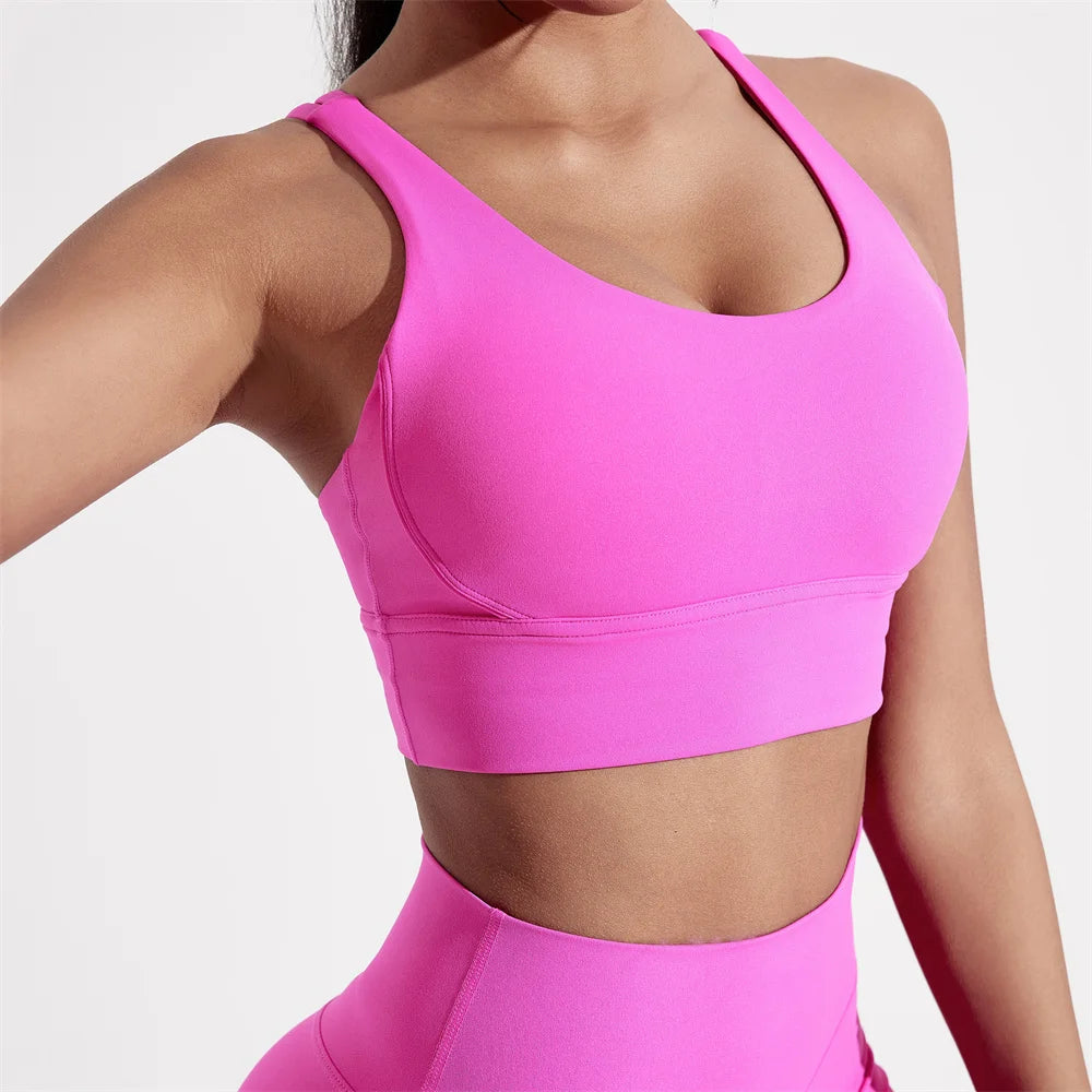 Solid Color Women Cross Back Fitness Sport Bra High Strength Tight Top Comprehensive Training Gym Yoga Underwear with Chest Pad